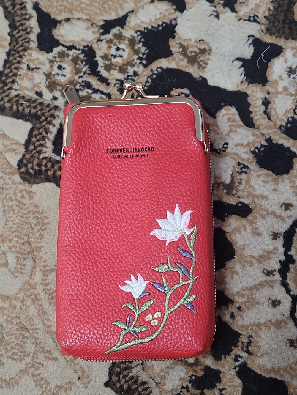 Red Floral Embossed Leather Phone Pouch